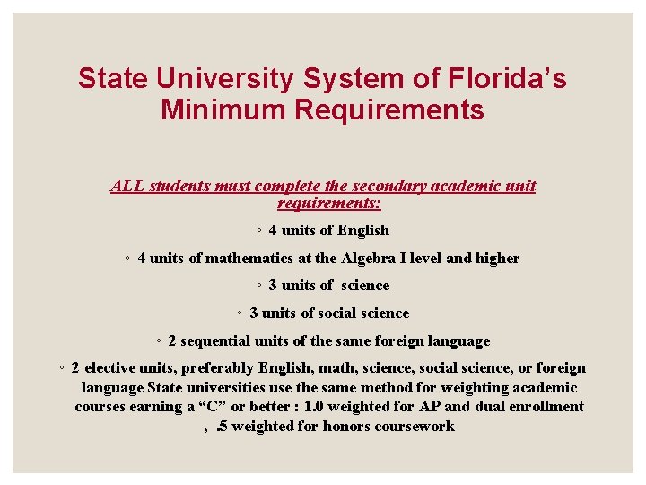 State University System of Florida’s Minimum Requirements ALL students must complete the secondary academic State University System of Florida’s Minimum Requirements ALL students must complete the secondary academic