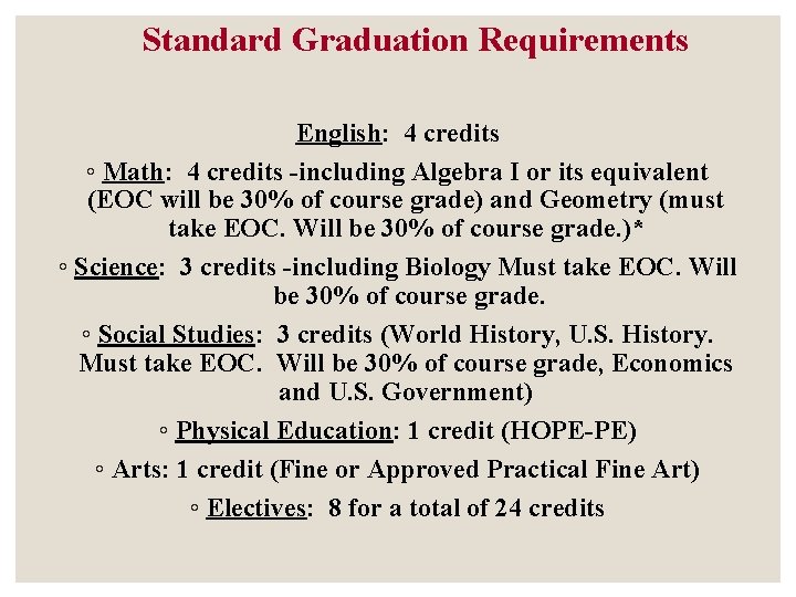 Standard Graduation Requirements English: 4 credits ◦ Math: 4 credits -including Algebra I or Standard Graduation Requirements English: 4 credits ◦ Math: 4 credits -including Algebra I or