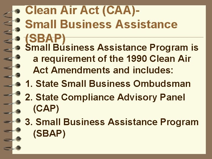 Clean Air Act (CAA)Small Business Assistance (SBAP) Small Business Assistance Program is a requirement