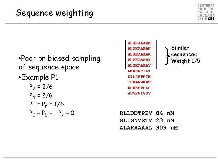 Sequence weighting • Poor or biased sampling of sequence space • Example P 1