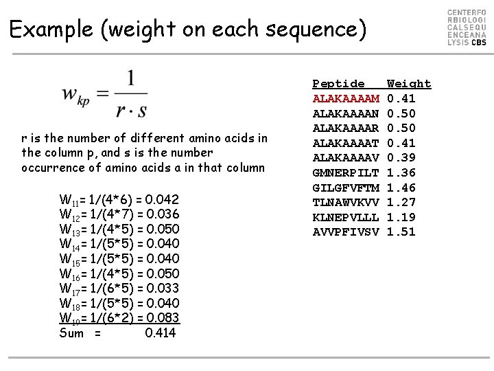 Example (weight on each sequence) r is the number of different amino acids in