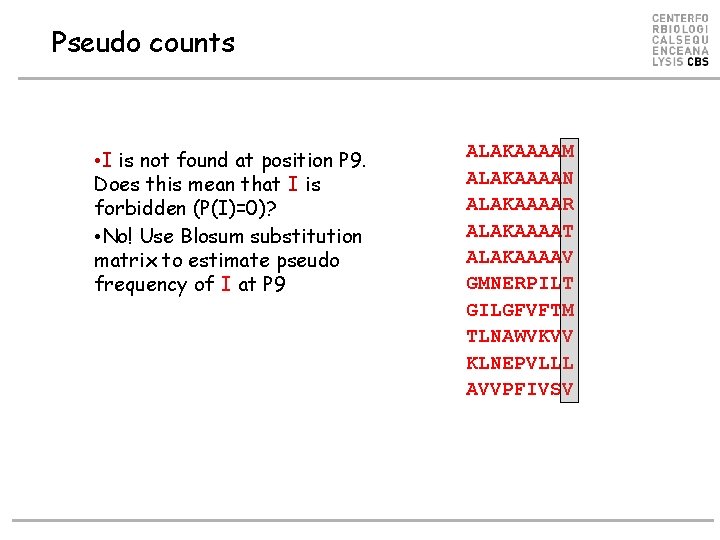 Pseudo counts • I is not found at position P 9. Does this mean