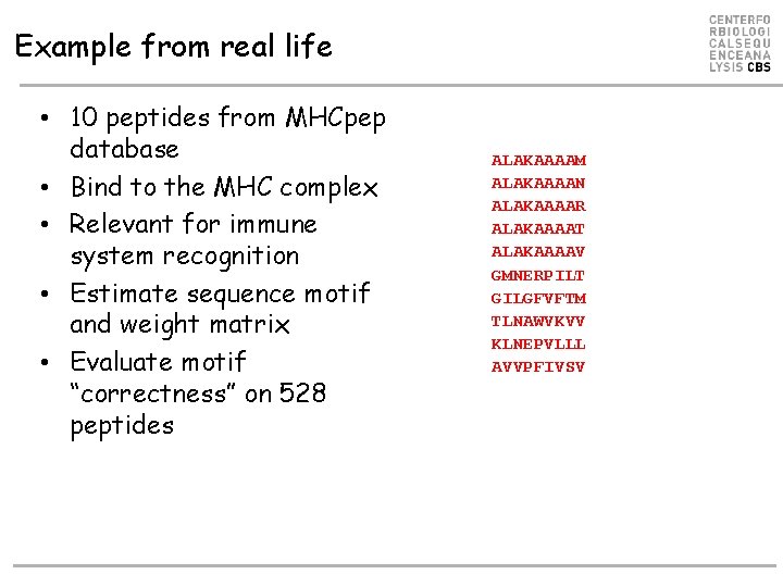 Example from real life • 10 peptides from MHCpep database • Bind to the