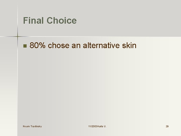 Final Choice n 80% chose an alternative skin Noam Tractinsky 11/2003 Haifa U. U.