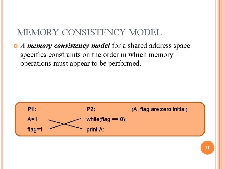 MEMORY CONSISTENCY MODEL A memory consistency model for a shared address space specifies constraints