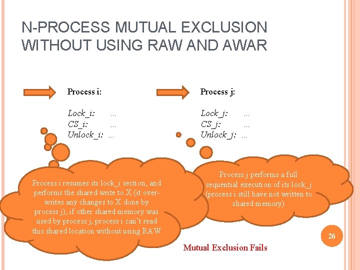 N-PROCESS MUTUAL EXCLUSION WITHOUT USING RAW AND AWAR Process i: Process j: Lock_i: …