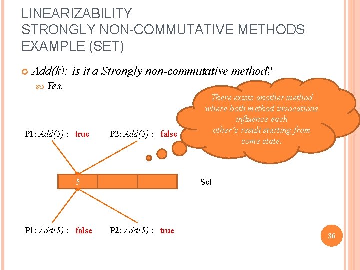LINEARIZABILITY STRONGLY NON-COMMUTATIVE METHODS EXAMPLE (SET) Add(k): is it a Strongly non-commutative method? Yes.