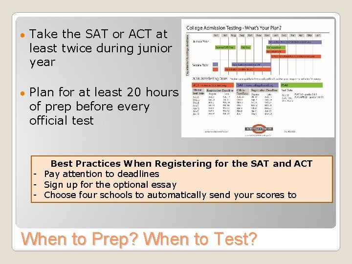 ● Take the SAT or ACT at least twice during junior year ● Plan