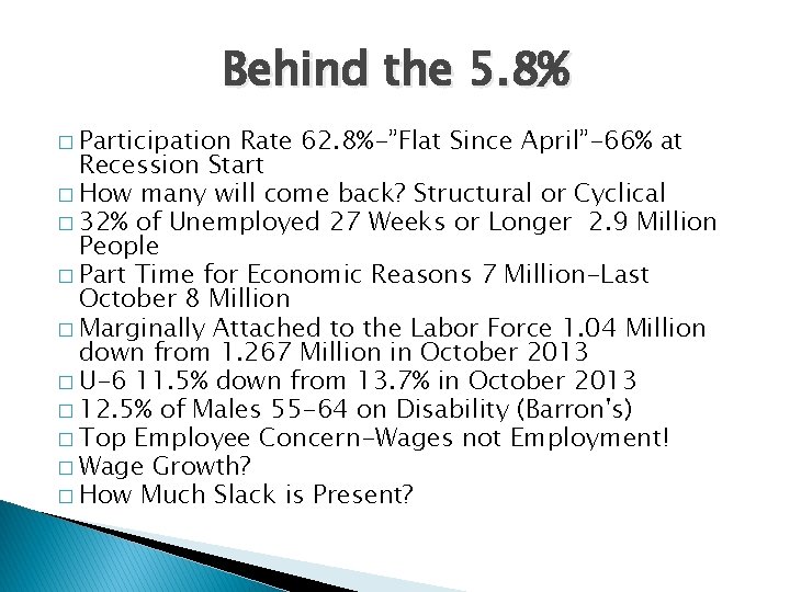 Behind the 5. 8% � Participation Rate 62. 8%-”Flat Since April”-66% at Recession Start