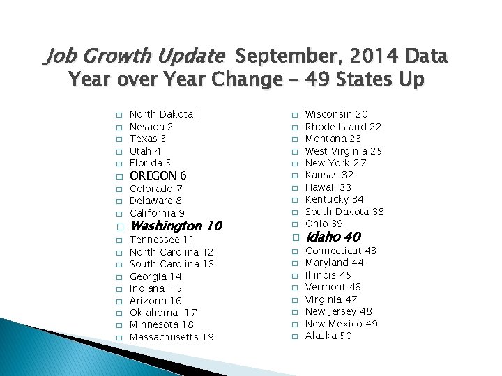 Job Growth Update September, 2014 Data Year over Year Change – 49 States Up