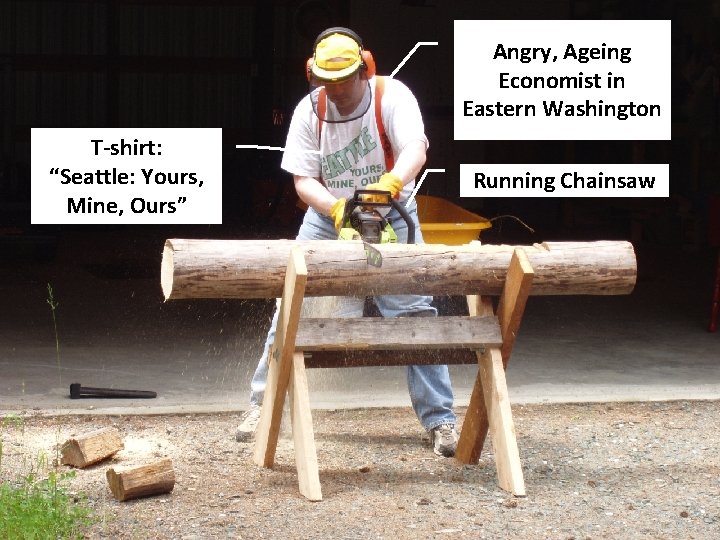 Angry, Ageing Economist in Eastern Washington T-shirt: “Seattle: Yours, Mine, Ours” Running Chainsaw 