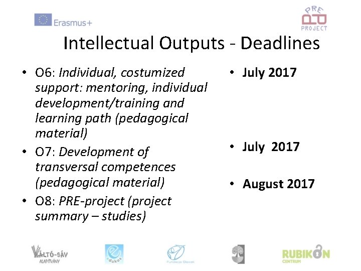 Intellectual Outputs - Deadlines • O 6: Individual, costumized support: mentoring, individual development/training and