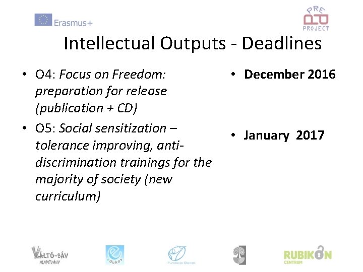 Intellectual Outputs - Deadlines • O 4: Focus on Freedom: preparation for release (publication