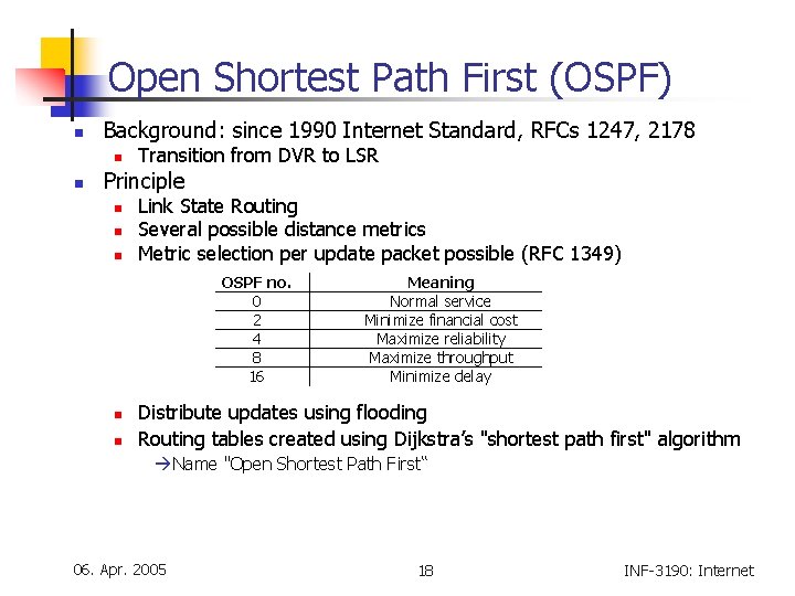 Open Shortest Path First (OSPF) n Background: since 1990 Internet Standard, RFCs 1247, 2178