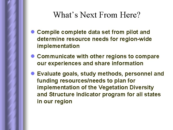 What’s Next From Here? l Compile complete data set from pilot and determine resource