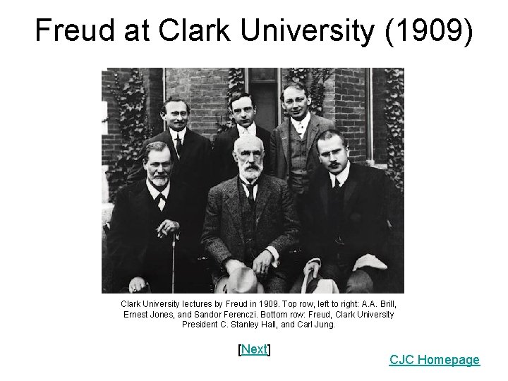 Freud at Clark University (1909) Clark University lectures by Freud in 1909. Top row,