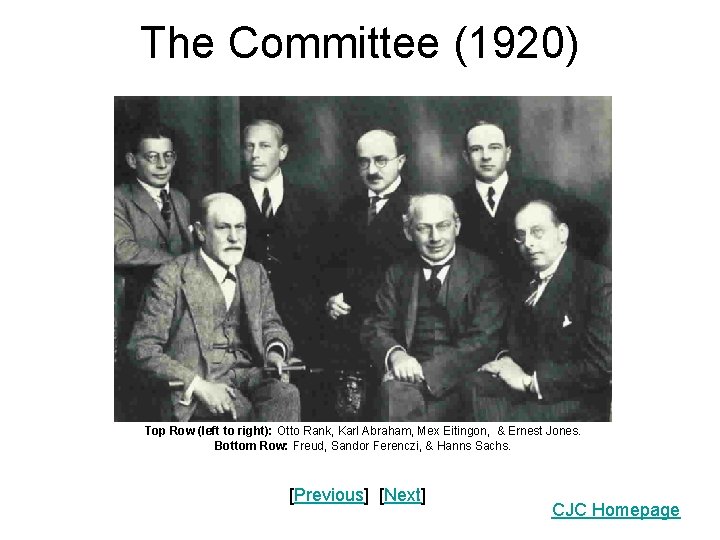 The Committee (1920) Top Row (left to right): Otto Rank, Karl Abraham, Mex Eitingon,
