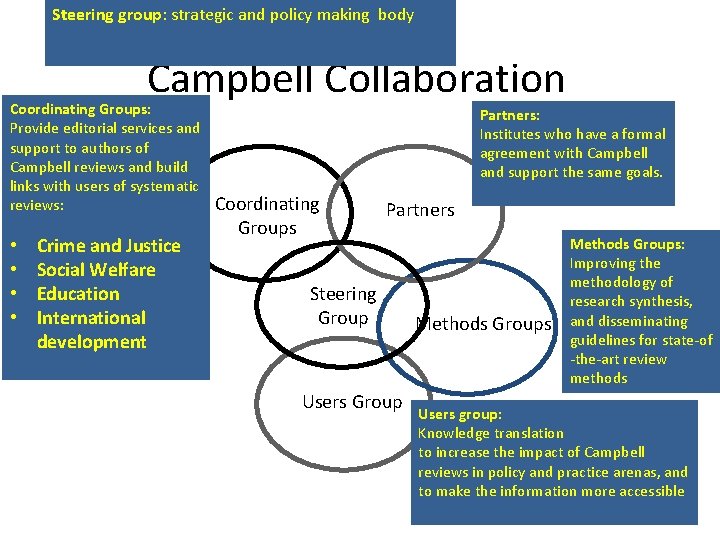 Steering group: strategic and policy making body Campbell Collaboration Coordinating Groups: Provide editorial services