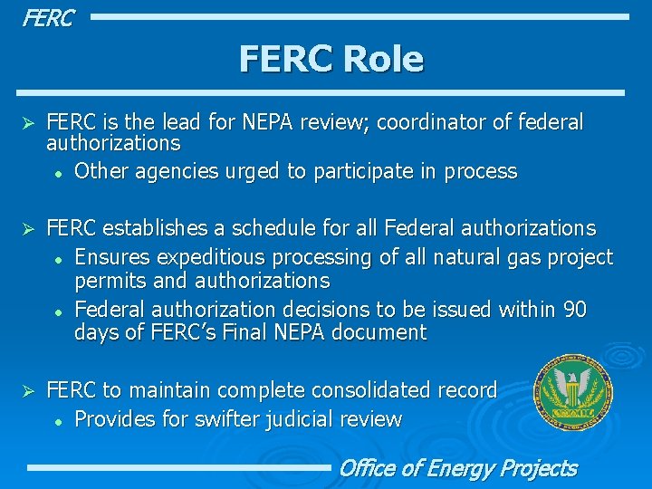 FERC Role Ø FERC is the lead for NEPA review; coordinator of federal authorizations