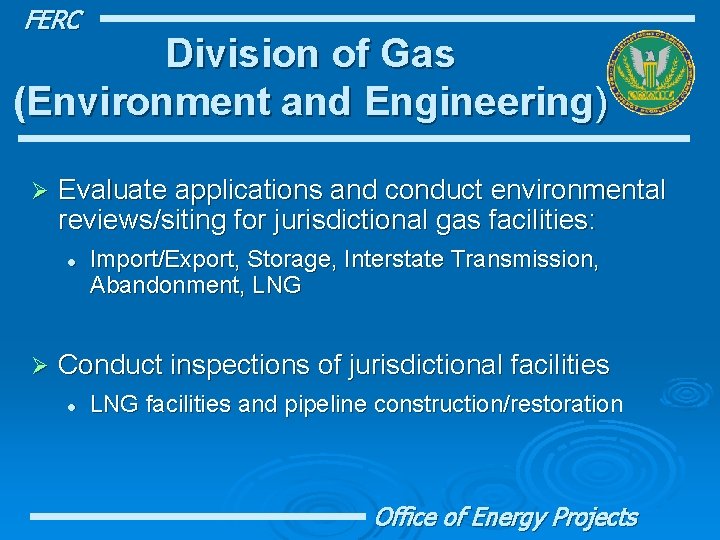 FERC Division of Gas (Environment and Engineering) Ø Evaluate applications and conduct environmental reviews/siting