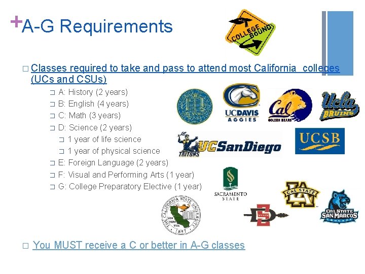 +A-G Requirements � Classes required to take and pass to attend most California colleges +A-G Requirements � Classes required to take and pass to attend most California colleges