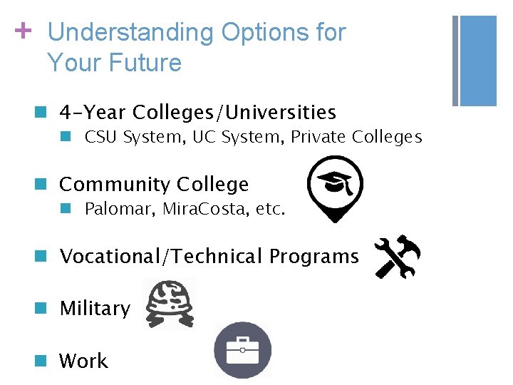 + Understanding Options for Your Future n 4 -Year Colleges/Universities n CSU System, UC + Understanding Options for Your Future n 4 -Year Colleges/Universities n CSU System, UC