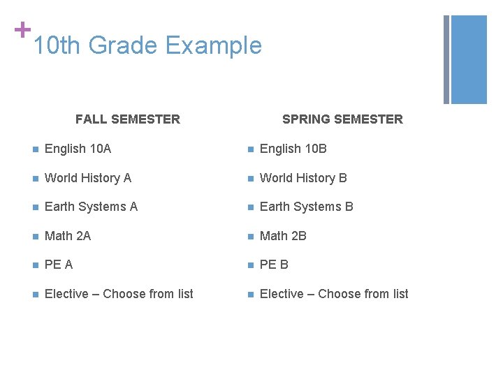 + 10 th Grade Example FALL SEMESTER SPRING SEMESTER n English 10 A n + 10 th Grade Example FALL SEMESTER SPRING SEMESTER n English 10 A n