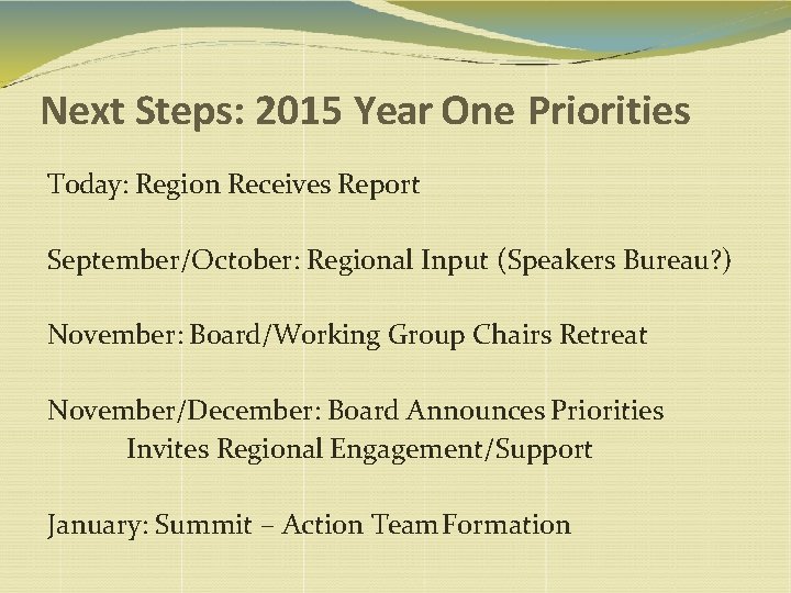 Next Steps: 2015 Year One Priorities Today: Region Receives Report September/October: Regional Input (Speakers