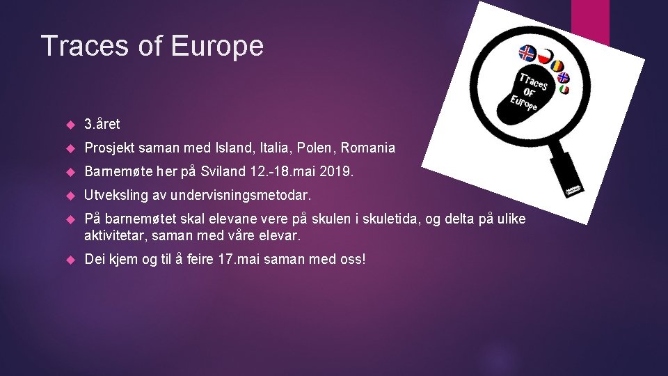 Traces of Europe 3. året Prosjekt saman med Island, Italia, Polen, Romania Barnemøte her