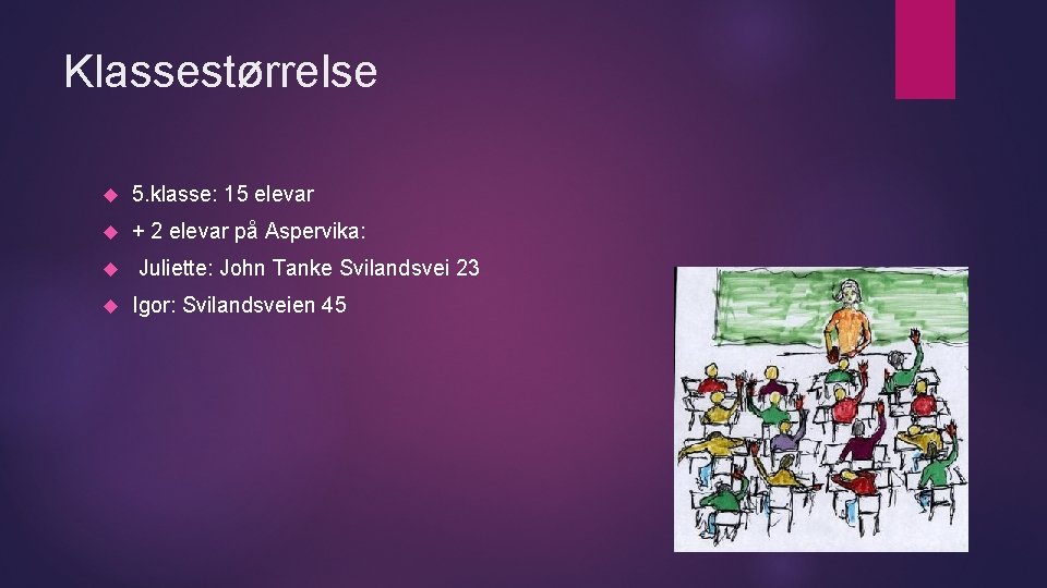 Klassestørrelse 5. klasse: 15 elevar + 2 elevar på Aspervika: Juliette: John Tanke Svilandsvei