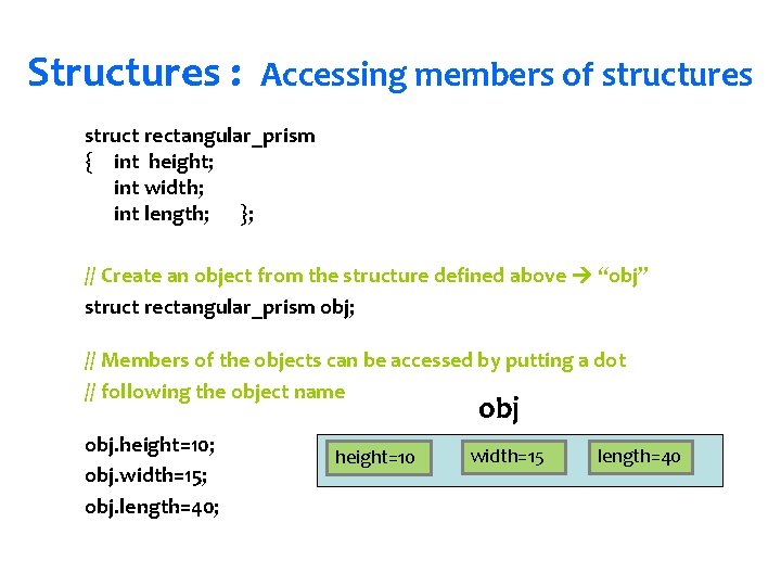 Structures : Accessing members of structures struct rectangular_prism { int height; int width; int