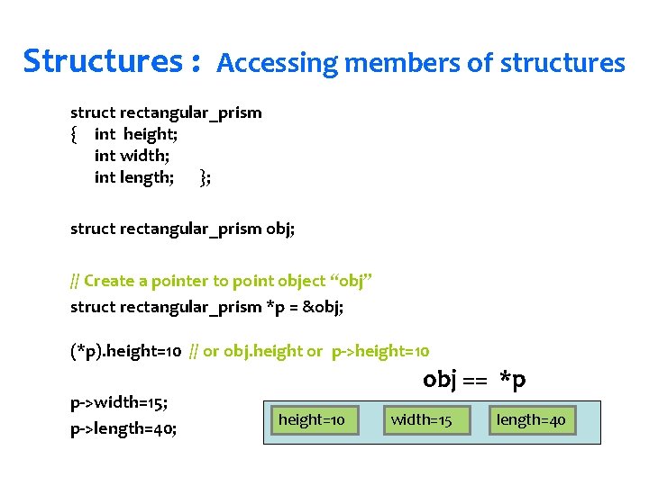 Structures : Accessing members of structures struct rectangular_prism { int height; int width; int
