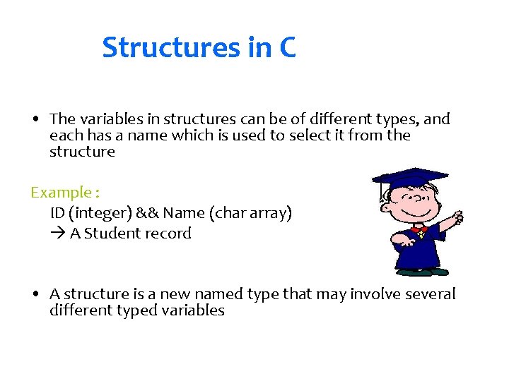 Structures in C • The variables in structures can be of different types, and