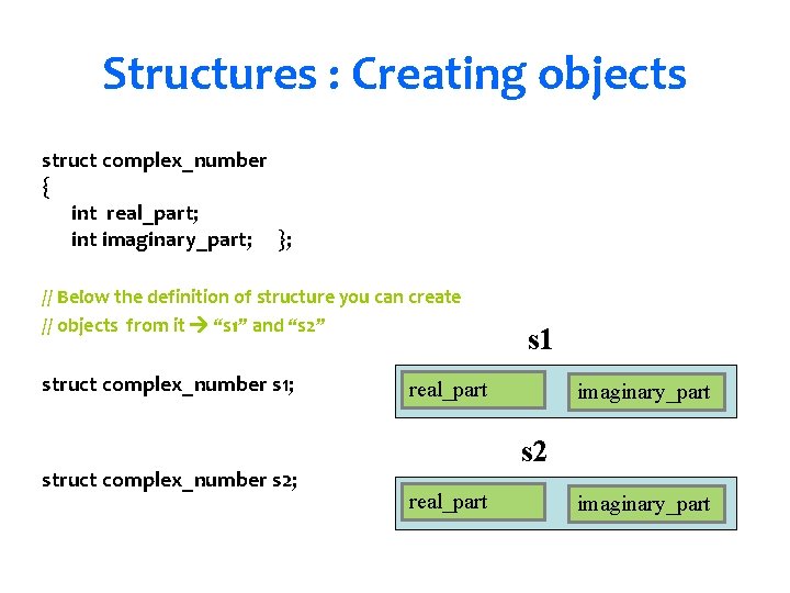 Structures : Creating objects struct complex_number { int real_part; int imaginary_part; }; // Below