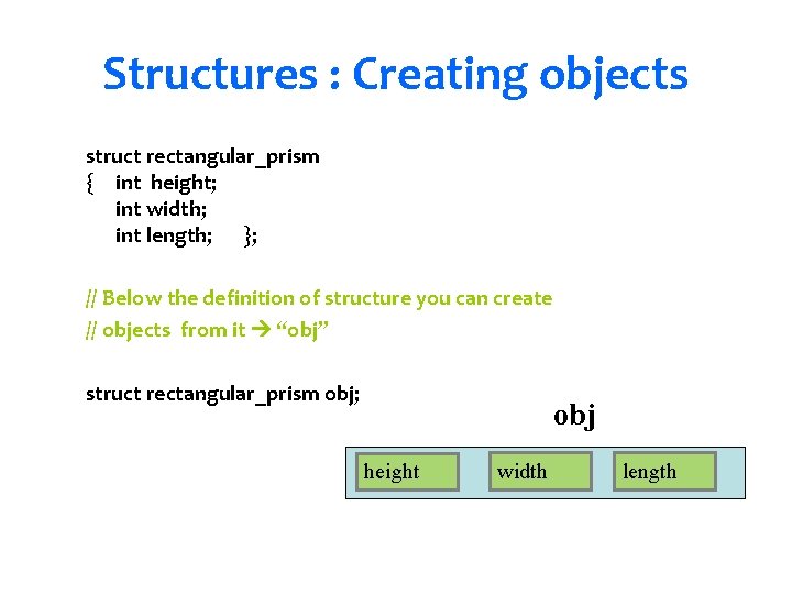 Structures : Creating objects struct rectangular_prism { int height; int width; int length; };