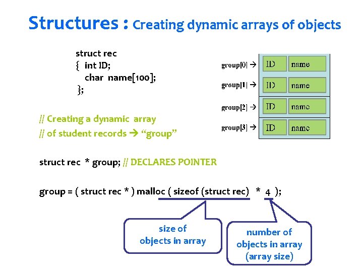 Structures : Creating dynamic arrays of objects struct rec { int ID; char name[100];