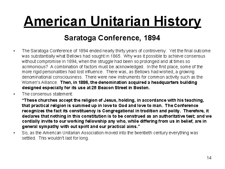 American Unitarian History Saratoga Conference, 1894 • • • The Saratoga Conference of 1894