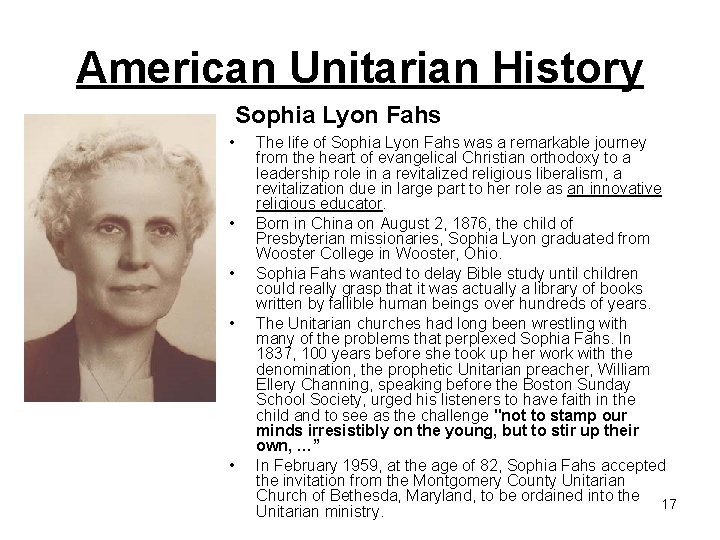 American Unitarian History Sophia Lyon Fahs • • • The life of Sophia Lyon