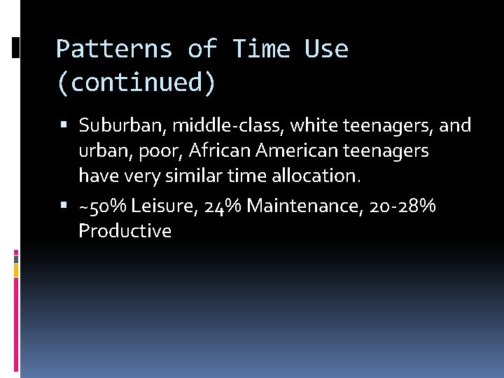 Patterns of Time Use (continued) Suburban, middle-class, white teenagers, and urban, poor, African American