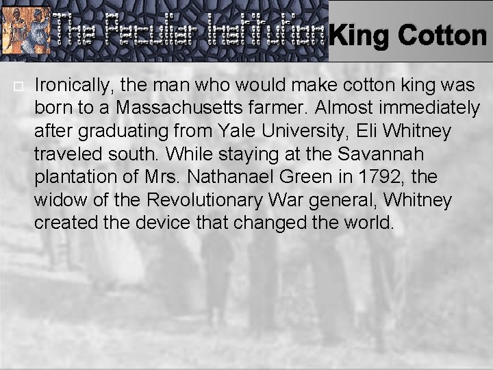 King Cotton Ironically, the man who would make cotton king was born to a