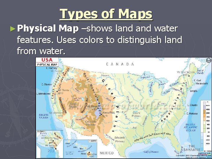 Types of Maps ► Physical Map –shows land water features. Uses colors to distinguish