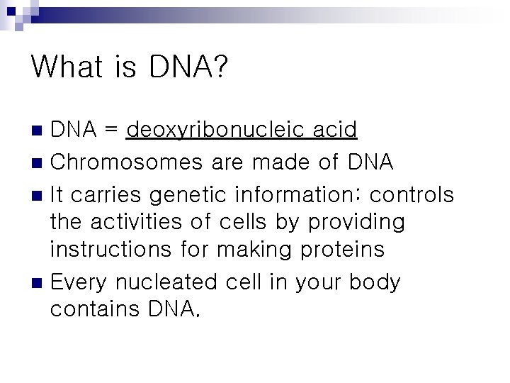 What is DNA? DNA = deoxyribonucleic acid n Chromosomes are made of DNA n