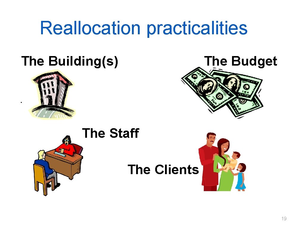 Reallocation practicalities The Building(s) The Budget • The Staff The Clients 19 