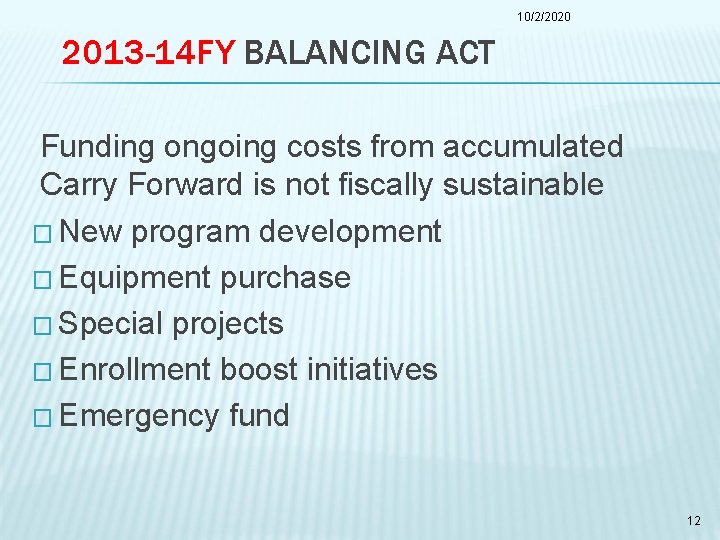 10/2/2020 2013 -14 FY BALANCING ACT Funding ongoing costs from accumulated Carry Forward is