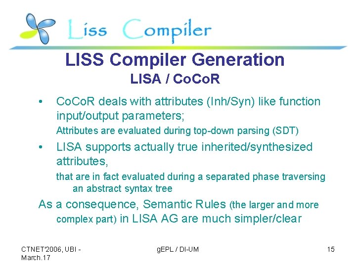 LISS Compiler Generation LISA / Co. R • Co. R deals with attributes (Inh/Syn)