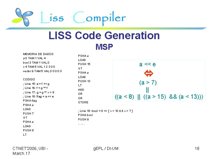 LISS Code Generation MSP MEMORIA DE DADOS a 0 TAM 1 VAL 4 bool