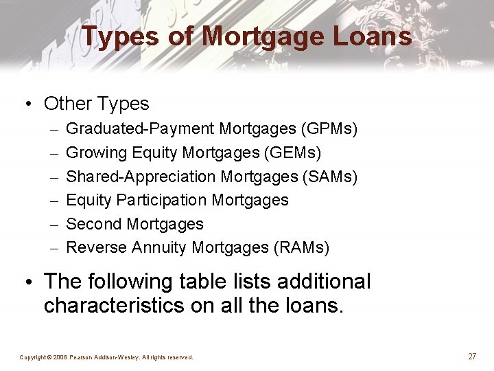 Types of Mortgage Loans • Other Types – – – Graduated-Payment Mortgages (GPMs) Growing