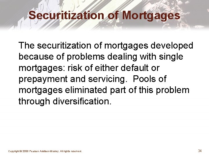 Securitization of Mortgages The securitization of mortgages developed because of problems dealing with single