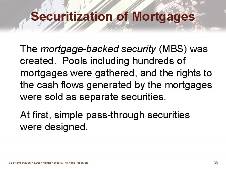 Securitization of Mortgages The mortgage-backed security (MBS) was created. Pools including hundreds of mortgages