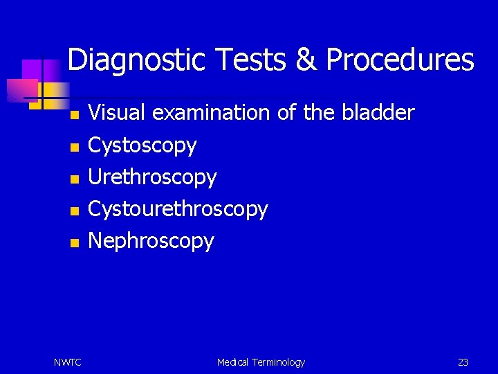 Diagnostic Tests & Procedures n n n NWTC Visual examination of the bladder Cystoscopy